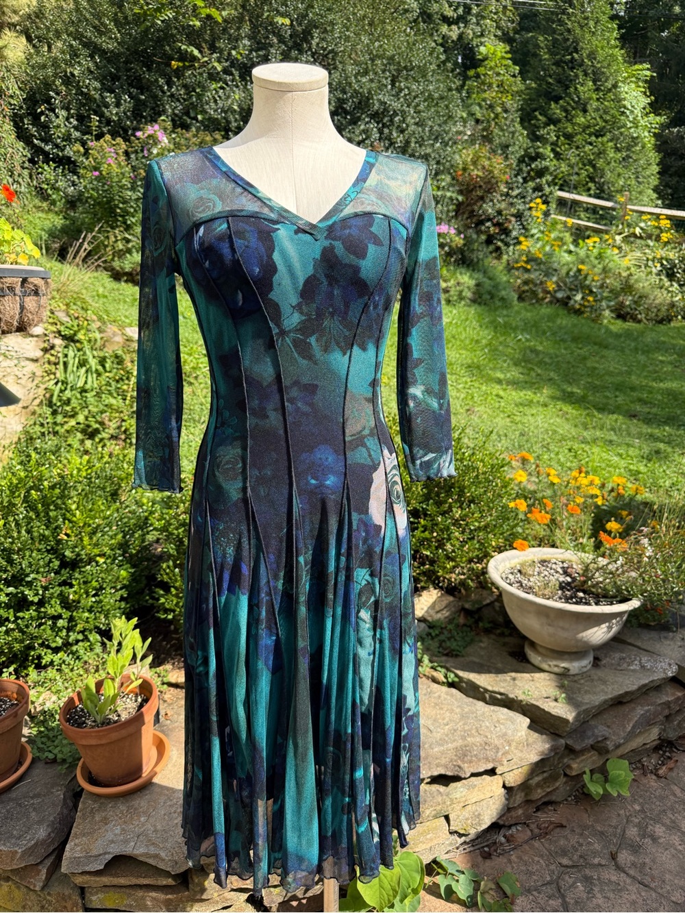 Elana Kattan USA Vintage 90s Teal Blue Floral Mesh Maxi Dress Whimsigoth Witchy